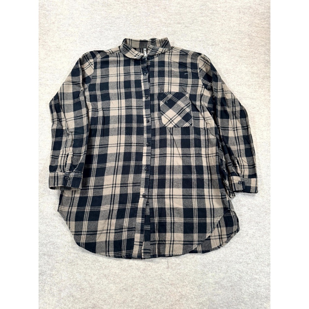 Red Lolly Flannel Shirt Womens Multicolor Plaid Oversized Curved Hem Button Up
